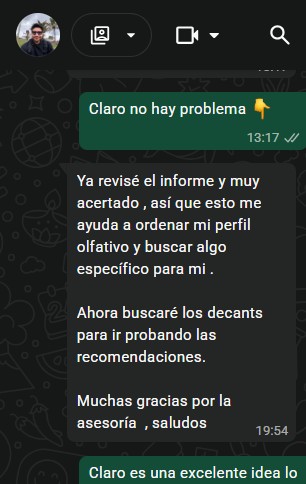 Testimonio por WhatsApp sobre informe acertado y orden de perfil olfativo